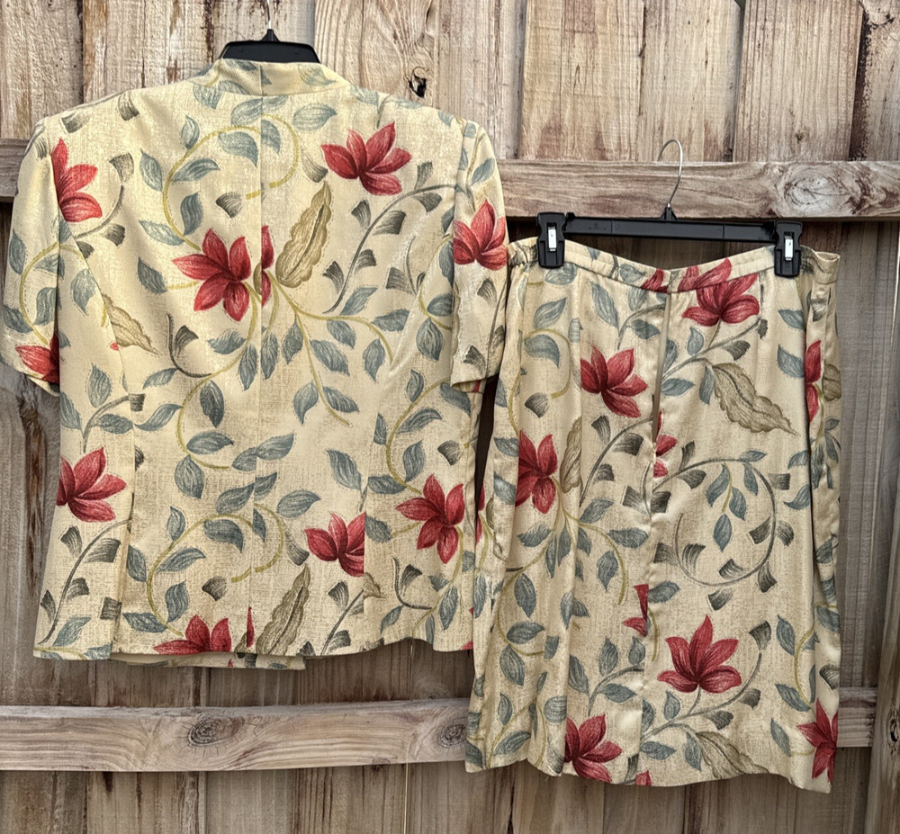 VTG Adrianna Papell Womens Silk Suit Skirt & Top Yellow Red Green Floral Core 14